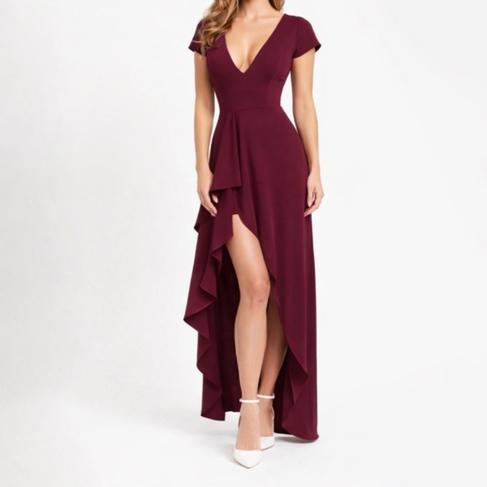 Dress The Population - V-neck Crepe Gown Burgundy Small